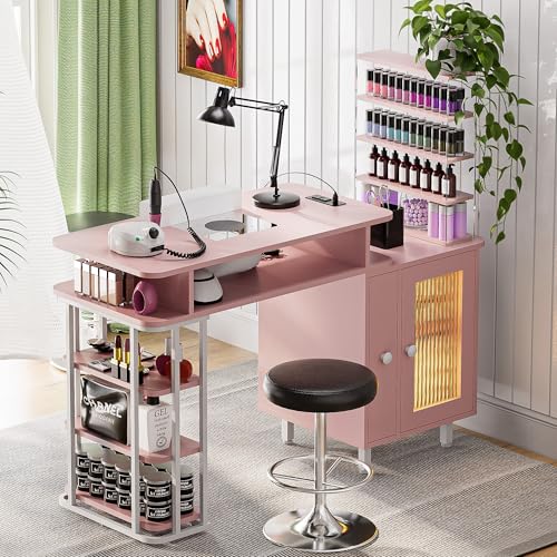 Kikihouse Manicure Table with LED Light, Nail Desk Nail Tech Table w/Dust Collector & Charging...