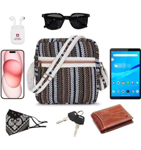 Crossbody Striped Bag, Small Canvas Purse with Adjustable Strap, Brown Black White Pattern, Multi-Compartment2