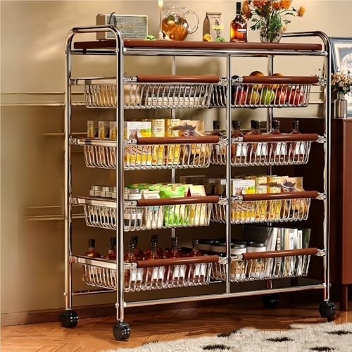 Carrito de barra de metal móvil con cestas de alambre, carrito de almacenamiento para cocina, despensa, cafetería, baño, oficina
