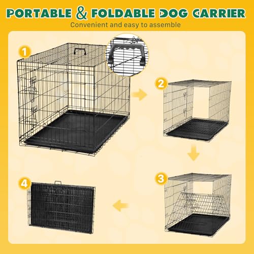 Image of Dog Crate, 42 Inch Large Double Door Portable Dog Cage, Metal Wire Pet Kennel with Secure Lock, Leak-Proof Pan Tray, Foldable Design for Dogs Pets Indoor Training and Outdoor Travel