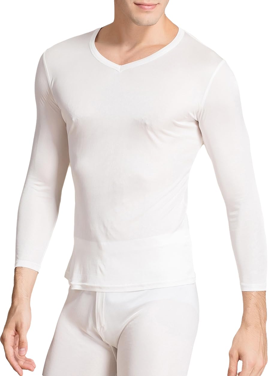 Chemise à manches longues en soie pour homme - Sous-vêtement thermique - Col en V - Couche de base en soie de mûrier