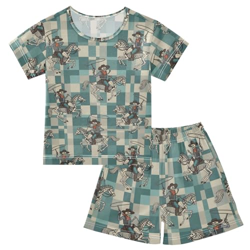 Pajama Short Sets Cowboy Skeletons on Horses Soft Cotton Summer Sleepwear 2 Piece PJS Size 5-14T