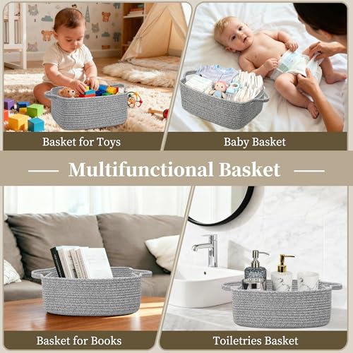 Image of Small Gift Basket Empty, Woven Rope Basket for Nursery, 13x10x5in | Soft storage basket with reinforced handles. boo basket with toys, towels or treats for baby showers & holidays. Grey