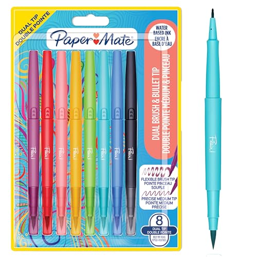 Paper Mate Pennarelli con DOPPIA punta Flair | Pennello e punta media (0,7mm) | Penne per colorate a doppia estremità | Colori assortiti | 8 pz.