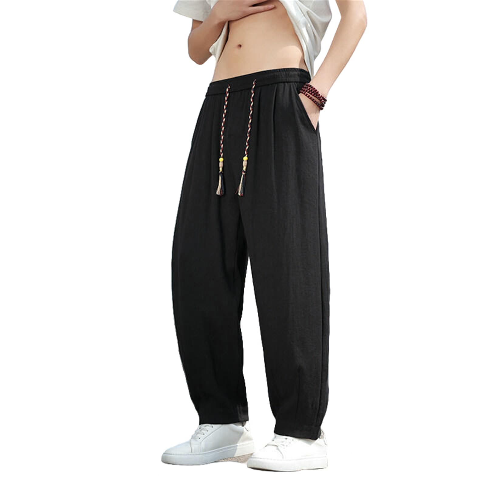 Pantaloni lunghi da uomo Estate Allentate Gamba Larga Cotone Lino Stile Cinese Dritto Casual