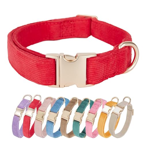 YUDOTE - Collier chien coton doux boucle métal ajustable, velours côtelé, moyen, rouge