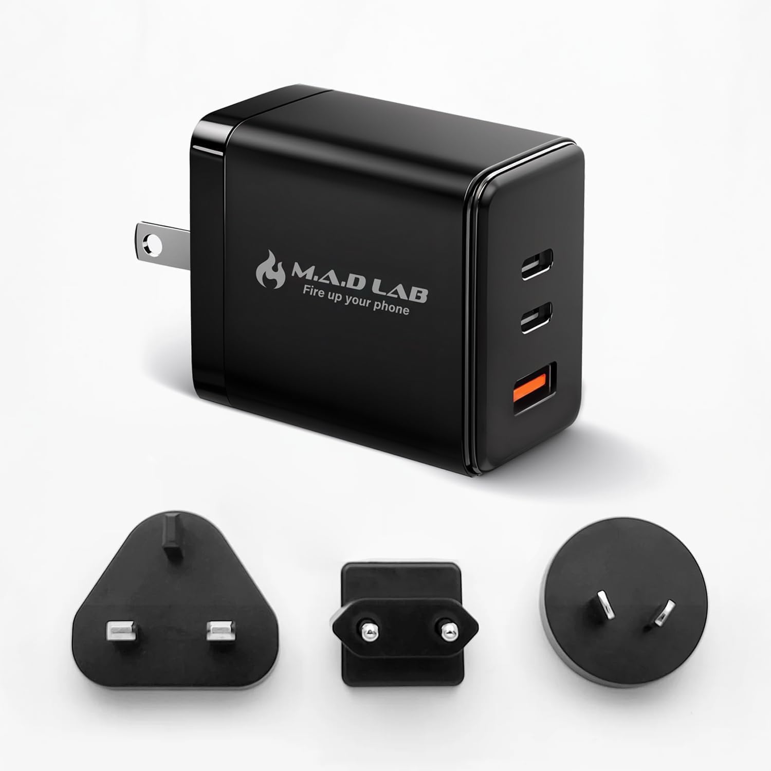 M.A.D LAB GaN USB C Charger Block, 65W Fast Charging 3-Port Type C Charger, PD & QC 3.0, Compact Travel-Friendly, for iPhone, Android, MacBook, Tablet, Laptops, and More (Travel Adapters, No Cable)