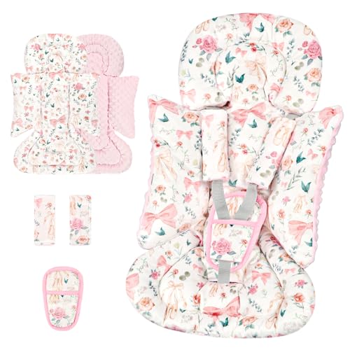 Image of 3-in-1 Infant Car Seat Insert, Soft Head and Body Support,Ultra & Strap Covers Set, Reversible Newborn Car Seat Cushion Pad for Baby Boy & Girl fits Stroller, Swing, Bouncer (Pink Bow)