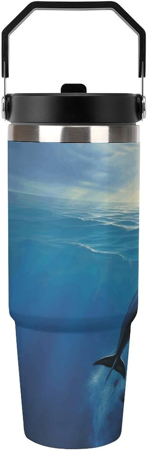 Dolphin in The Ocean Water Bottle 30 Oz Fits Car Cup Holder,Insulated Coffee Mug Large Capacity Car Cups,Stainless Steel Double Wall Sport Bottle for Travel Sports Gym