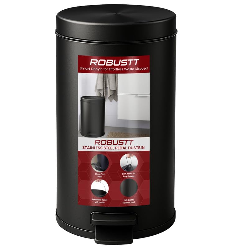 Robustt Dustbin with Pedal - 5L | Black Stainless Steel trash can | 7 Inch (W) x 10 Inch...