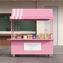 Portable Shopping Cart with Canopy, Mobile Food Display Stand, Lockable Wheels, Portable Outdoor Stall Cart for Markets, Street Food, and Events, Iron, Pink, Medium