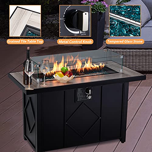AVAWING-Propane-Fire-Pit-Table-42-inch-50000-BTU-Rectangular-Gas-Fire-Pit-Table-wGlass-Wind-Guard-Table-Lid-Fire-Glass-Waterproof-Cover-Outdoor-Gas-Fire-Pit-for-Garden-Patio-Backyard-Black
