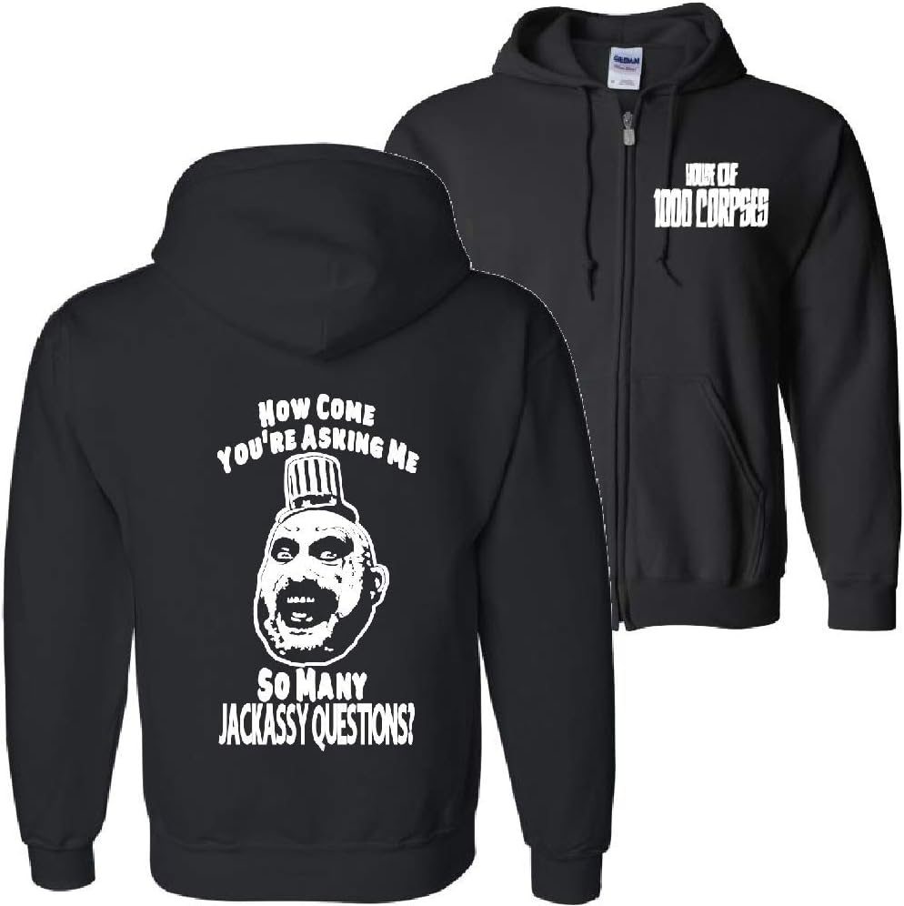 House of 1000 Corpses Devil's Rejects Captain Spaulding Jackassy Questions Black Zip Up Hoodie Hooded Sweatshirt Horror
