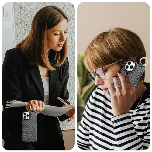 Image of HAOPINSH for iPhone 13 Pro Max Wallet Case with Card Holder, Black Leopard Cheetah Print Back Flip Folio PU Leather Kickstand Card Slots Case, Finger Grip Ring Double Magnetic Cover 6.7 inch