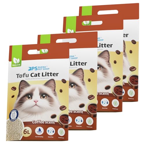 BPS Arena Aglomerante para Gatos Arena 6L de Tofu para Gatos sin Polvo Fácil de Aglomerar Controla los Olores se Lanza en el Inodoro (Cafe, 4Pcs) BPS-15740 * 4