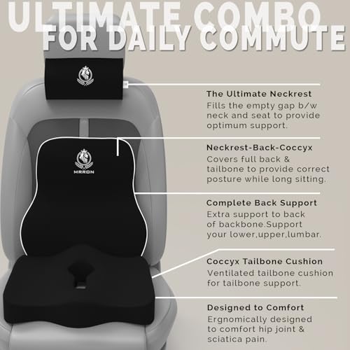 Image of MRRON Neckrest Back Support or Coccyx Orthopaedic Cushion for Long Sitting Universal fit with Ergonomic Design Made by High Density Memory Foam Used for Car or Office Chairs. (Black, Long Back)