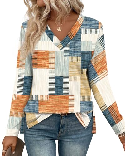 Long Sleeve Shirts for Women Fall Clothes Boho Womens Tops School Outfits for Teachers Early Fall Fashion Must Haves 2025 Business Casual Outfits Winter Clothing for Women Patchwork Plus Size L