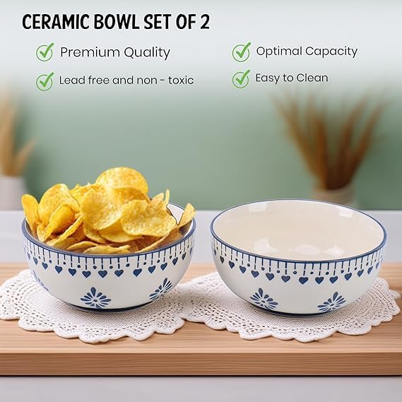 Image of Niyara Ceramic Printed Bowl Set of 2 | Premium Serving Bowls for Snacks, Soup & Desserts | Microwave & Dishwasher Safe (Grey Loral Print)