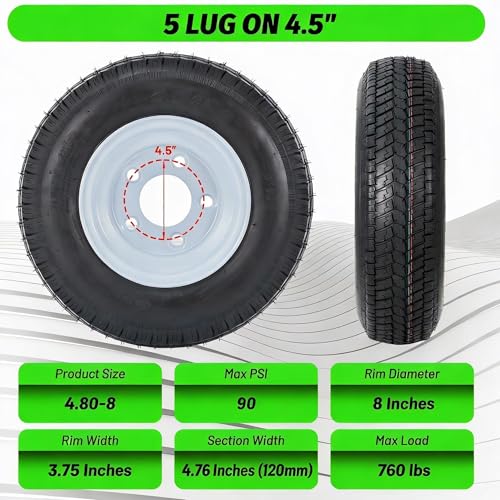 Image of 2 Pack 4.80-8 4.80x8 480-8 4.80-8 Trailer Tires with 8'' Rims, 5 Lug on 4.5'', Load Range C, 6PR