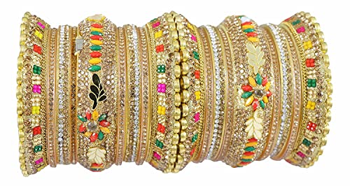 Image of NMII Traditional Gold Plated Acrylic Bangles Bridal Chuda Set For Women & Girls with Zircon Diamond & Pearls Beads Work | Royal Wedding Chudas | Premium Look | Bangles For Wedding, Festive, Function