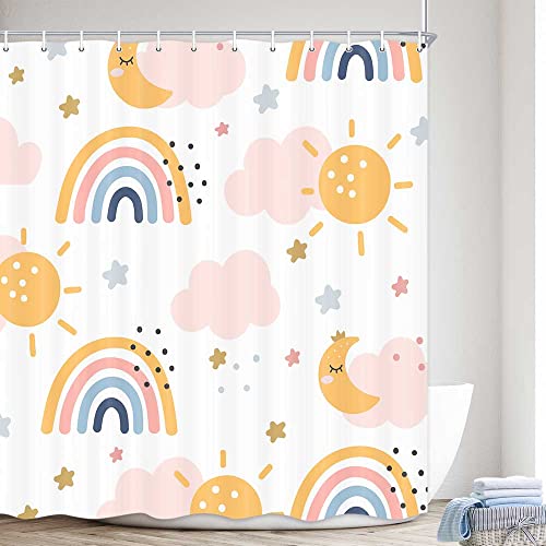 MERCHR Boho-Regenbogen-Duschvorhang für Kinder, Badezimmer, niedlich, bunt, Sonne, Teenager, Mädchen, Stoff, Duschvorhänge, Set, Pastell, Toilette, Dekorationszubehör mit Haken, 183 x 183 cm Cover