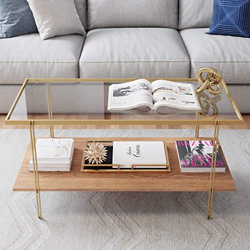 Nathan James Izsak Media Console, Brown/White/Gold & Asher Mid-Century Rectangle Coffee Table Glass Top And Rustic Oak Storage Shelf With Sleek Brass Metal Legs, Gold #TOP5