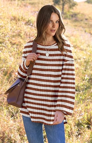 Wiholl Womens Long Sleeve Tops Loose Fit Round Neck Tunic Tops Wear With Leggings Striped Sweaters L thumb #1