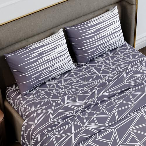 Image of Stoa Paris 100% Cotton Super King Bedsheet with 2 Pillow Covers for King & Double Beds,180TC Printed Bedding Set, Breathable, All-Season Comfort, Lightweight, Urbanscape - Lavender Matrix (274x274cm)