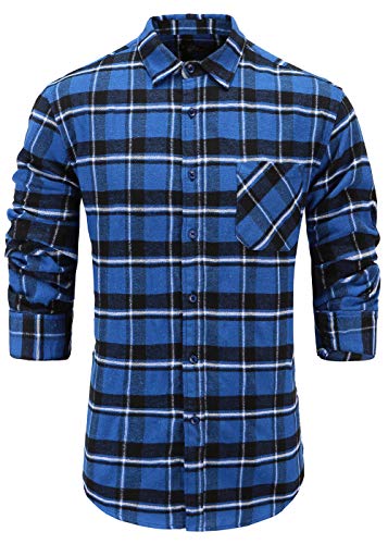 Emiqude Men's Stylish Flannel Cotton Slim Fit Long Sleeve Plaid Dress Shirt Small Blue Black