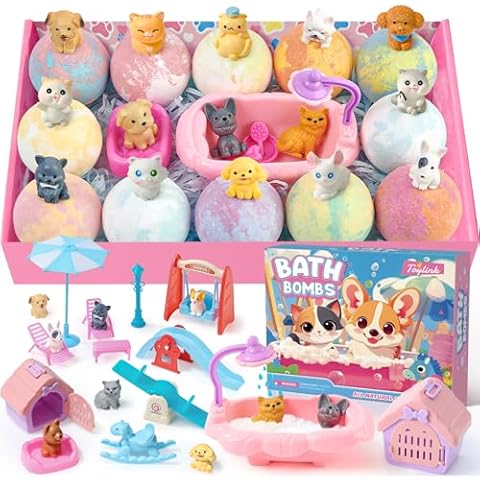 Toylink Bath Bombs for Kids with Surprise Inside for Girls Boys, 12 Pack Kids Bath Bombs with Dog & Cat Toys Pretend Playset Handmade Bubble Bath Fizzies Birthday Christmas Gift Set Cover