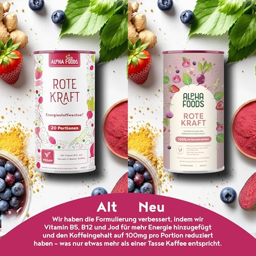 Rote Kraft 2.0 | Energy Elixier 600g | Stoffwechsel & Energie Red Smoothie Pulver | Wurzeln & Beeren: Maca, Kurkuma, Guarana, Rote Beete, Yerba Mate, Acai, Goji Beeren | Vegan Drink Mix | Alpha foods