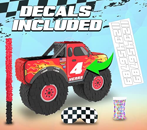 Monster Truck Pinata, 4 Piece Set, Perfect For Kids Birthday Parties, Race Car Party Supplies Fits Pinata Candy And Party Favors (16”X10”) Durable! (Red Monster Truck) #TOP2