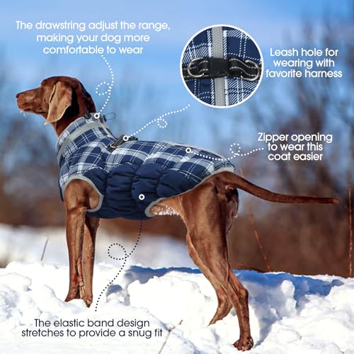 Image of FUAMEY Dog Cold Weather Coats Reflective Dog Warm Jacket with Harness | Fleece Winter Coat for Medium Dogs Snow Puffer Vests with Zipper Reflective Turtleneck Jackets for Winter Blue Plaid M