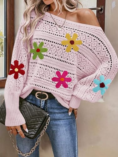 Image of Cakulo Womens Off Shoulder Crochet Sweater Top 2025 Fall Fashion Batwing Long Sleeve Sweaters Outfits Flower Pink S