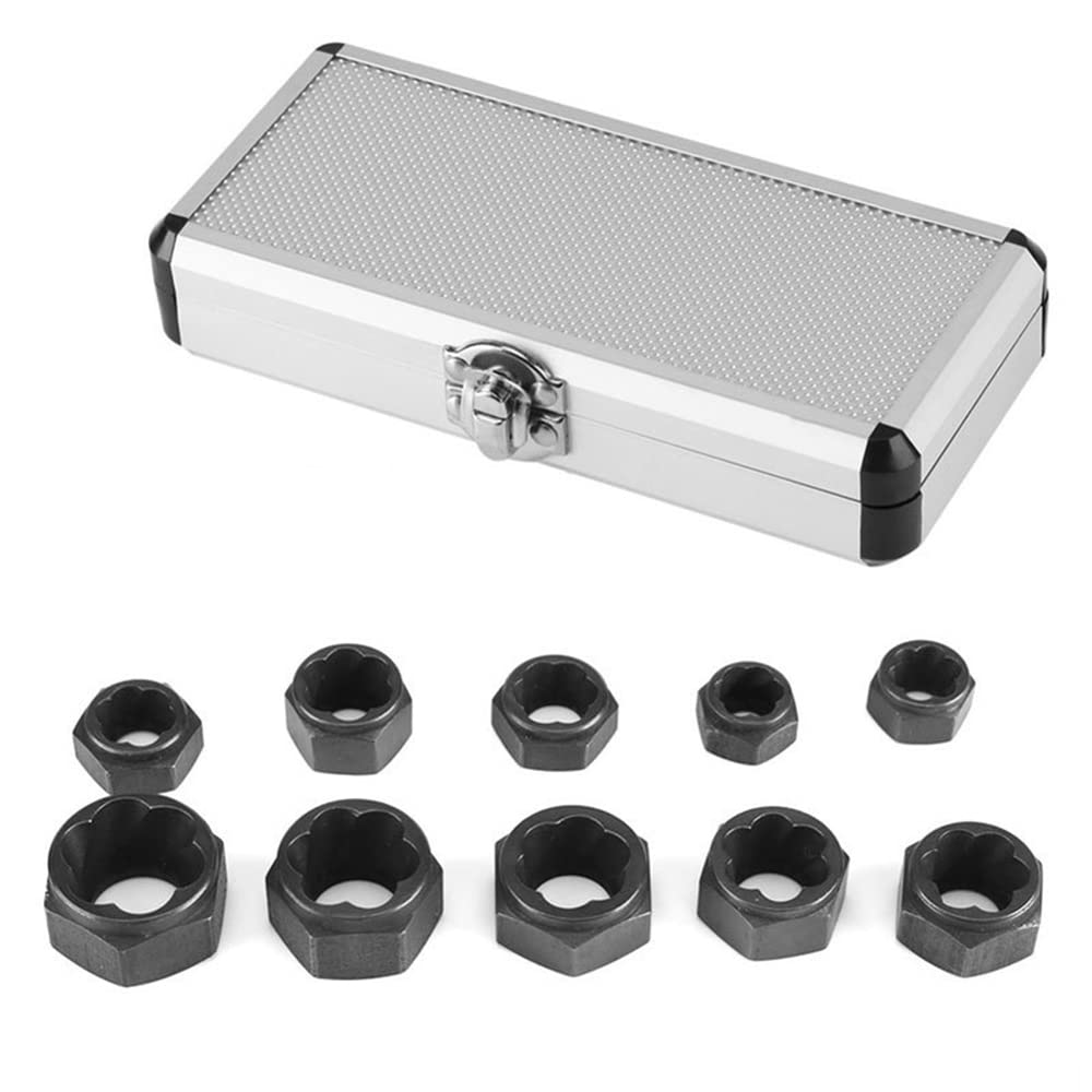 Juego de 10 extractores de Perfil Corto, Kit de Herramientas para extraer Tuercas de Tornillo, Juego de Herramientas para Tuercas métricas de 9-19 mm con Estuche de Transporte de Aluminio.