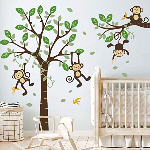 Tanlaby Stickers Muraux Singe Arbre Autocollants Muraux animaux de la jungle Sticker Mural ​Vert Vigne d'arbre pour Chambre de Bébé Pépinière D'enfant Décoration Murale De La Maison