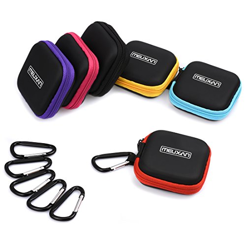 Meuxan 6-Pack Earbud Case Storage Pouch with Carabiner for Earphone USB Cable Flash Drive, 6 Colors