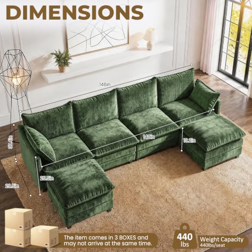 Image of LEVELEVE 146 inch U-Shape Modular Sofa with 2 Ottomans, Deep Seat Cloud Convertible Sleeper, 2 Arm Pillows, Comfortable Large Upholstered Furniture for Living Room Apartment, Green