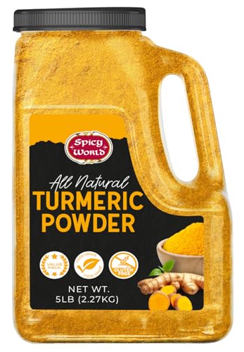 Spicy World Turmeric Powder 5 LB Jar – Gluten Free, Bulk Turmeric with Curcumin, Ground Haldi Spice for Cooking, Pure Curcuma Longa, Non-GMO