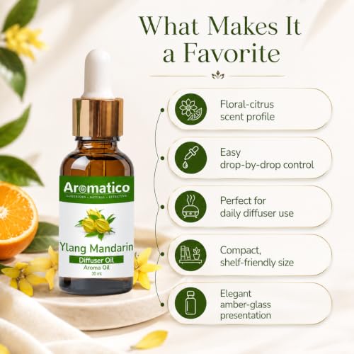 Image of AROMATICO Ylang Mandarin Diffuser Oil | Long Lasting Scented Home Fragrance | Natural Essential diffuser Oil Fragrance Sleep & Pure Aromatherapy 30ML