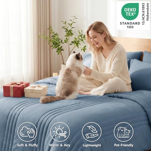 Image of CozyLux Queen Comforter Set Grayish Blue - 7 Pieces Bed in a Bag, Modern Vertical Quilted Room Decor, Soft All-Season Bedding Gift with Comforter, Sheets, Pillowcases & Shams