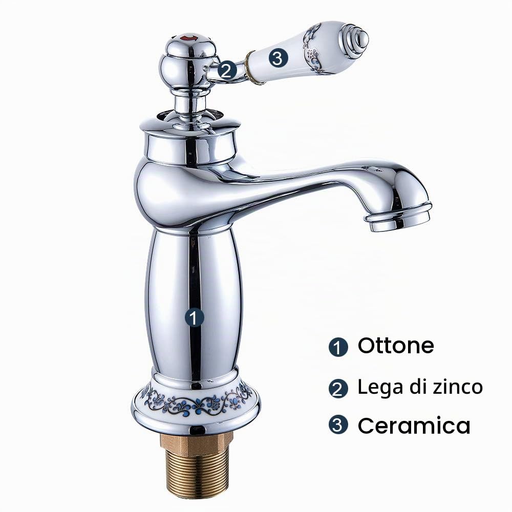 Miscelatore Lavabo Bagno Ottone Cromato Vintage Anticato Monocomando in Ceramica per Bagno Lavabo (Argento)