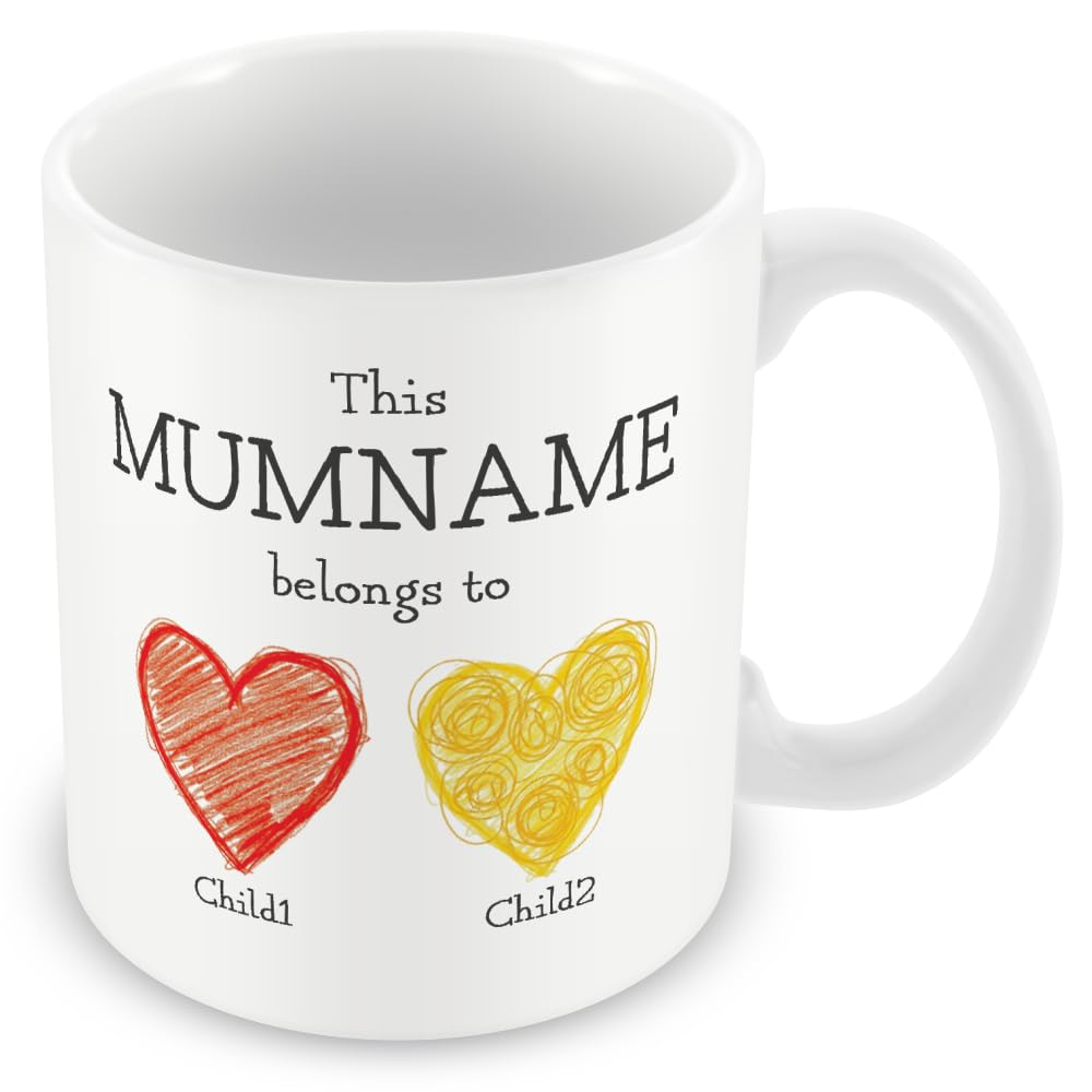 Personalised “This Mum Belongs to” Mug – Custom Children Names Heart Mug for Mum – Cute Kids Drawing Style Mother’s Day Gift – Up to 5 Children – Add Matching Card or Coaster