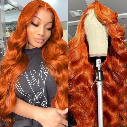 Image of 24 Inch Ginger Orange Lace Front Wigs Human Hair 13x4 HD Transparent Body Wave Human Hair Lace Front Wigs 180 Density Pre Plucked Ginger Colored Glueless Hair Wig for Women with Baby Hair