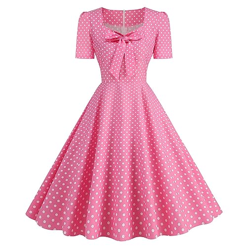 50er Rockabilly Petticoat Kleider Damen Retro Tupfen Druck Abendkleid Quadratischer Kragen Kurzarm Swing Kleid Partykleid Mit Bogen Knöpfe Ballkleid...