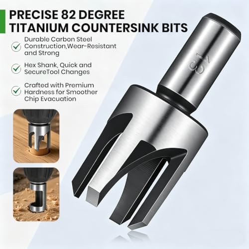 Image of Serplex 14Pcs Countersink Drill Bit Set, 5 Wood Drill Bits and 8 Plug Cutters with L-Wrench, Titanium-coated 1 /4 Inch Hex Shank Quick-Change Wood Plug Cutter Set for Woodworking-Silver