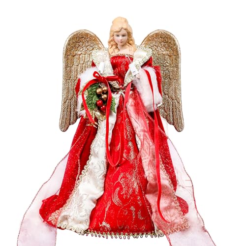 MUMTOP Lighted Christmas Angel Tree Topper, 12 Inch Luxury Red Gold Fabric Angel Tree Top Figurine with Lights for Christmas Tree Decoration Indoor
