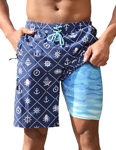 Mens Board Shorts with Compression Liner 9 Inseam Quick Dry Swimwear Bathing Suit Swim Trunks with 4 Pocket