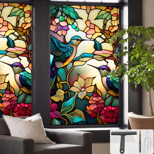 Window UV Protection Privacy Film:Non-Adhesive Static Cling Decorative Window Film with Installation Tools,Stained Glass Window Film for Kitchen,Study,Bathroom,and Shower Doors,23.6 x 39.4 inches.