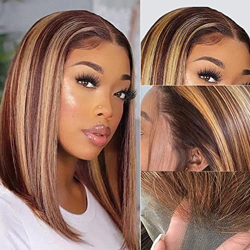 13x4 Free Part Highlight Short Bob Wigs Human Hair Straight Wig 150% Density Ombre Color Lace Front Wigs Human Hair For Women 4/27 Honey Blonde Brown Highlight Bob Wig Pre Plucked with Baby Hair
